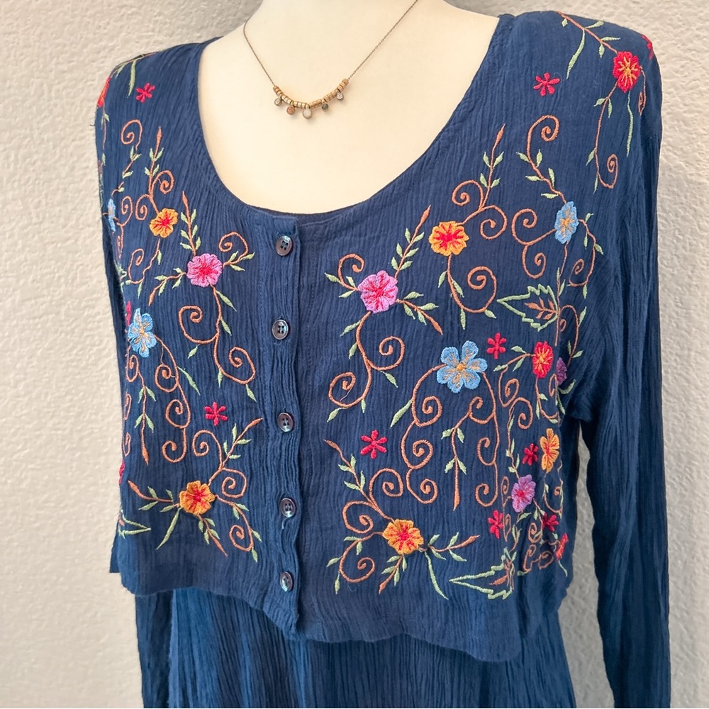 Navy Blue Embroidered Floral Dress Two Piece Long Sleeve M Cottage Boho Navy - Picture 3 of 16
